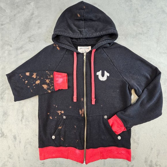 True Religion Jacket Women's Large Black Red Bleach Splatter Distressed Logo - Picture 4 of 15